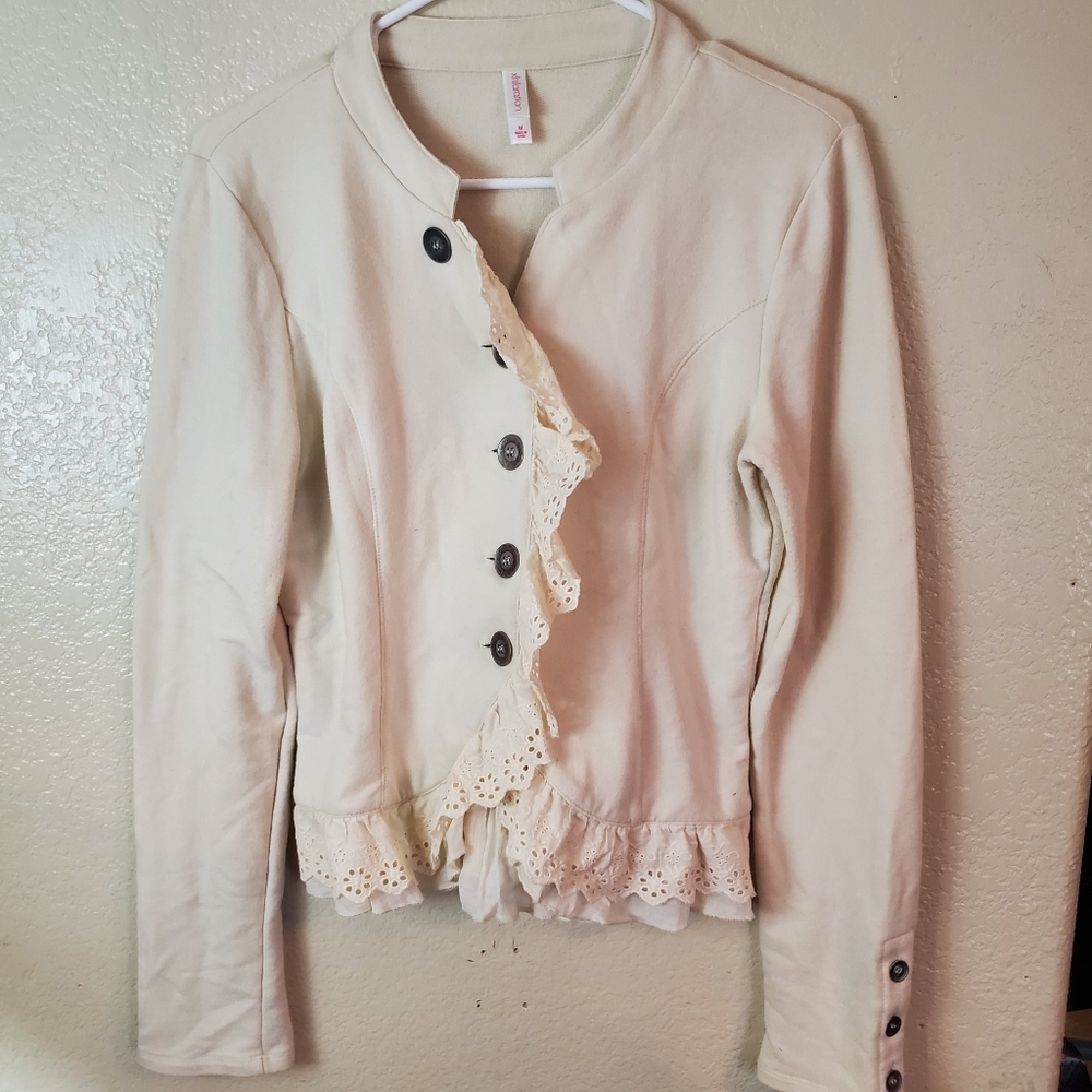 Cream Ruffle Lace Button Knit Jacket/Blazer